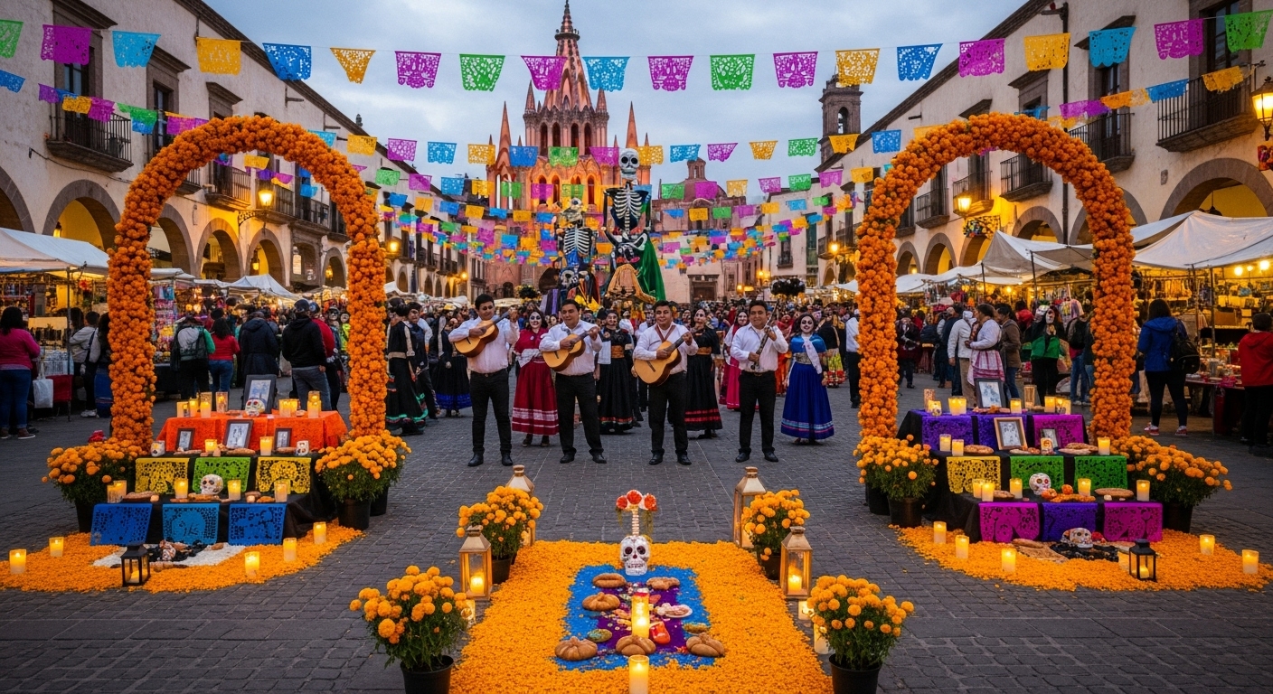 Candlelit Día de los Muertos ofrenda in San Miguel de Allende's Jardín