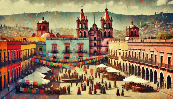 A 16th-century Mexican town square in San Miguel de Allende with colonial architecture and colorful banners.