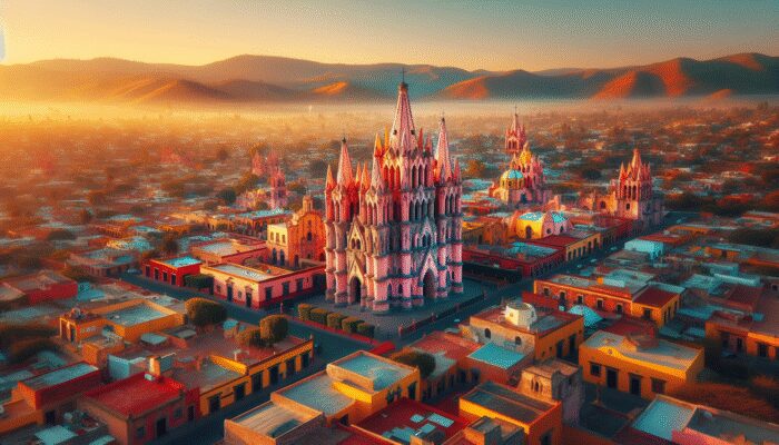 Aerial view of San Miguel de Allende, Mexico, showcasing colorful colonial architecture and the pink Parroquia at golden hour.