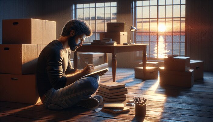 A person journaling by a window with packed boxes, sunset outside, symbolizing emotional preparation for a move.