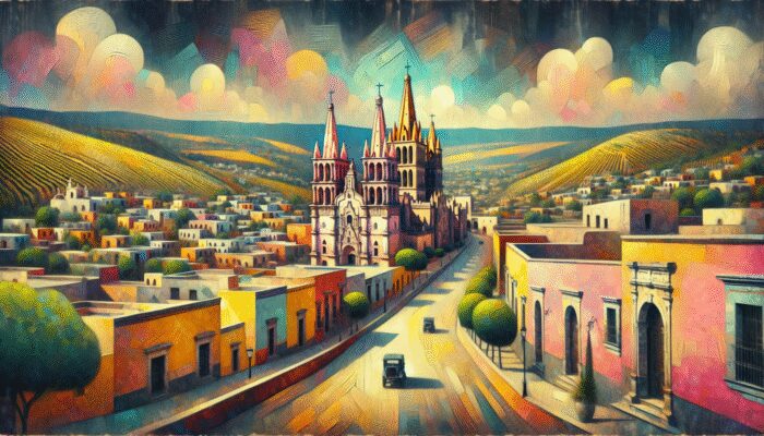 A scenic journey from San Miguel de Allende to Queretaro, highlighting colonial architecture, vibrant art, historic landmarks, and lush vineyards, ending at Queretaro's UNESCO site.