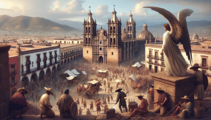 16th-century scene in San Miguel de Allende: Spanish explorers meet Chichimecas, early colonial architecture, trade routes, Saint Michael.