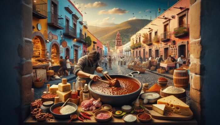 A culinary tour in San Miguel de Allende with cobblestone streets, colonial architecture, and a blend of indigenous and colonial dishes.