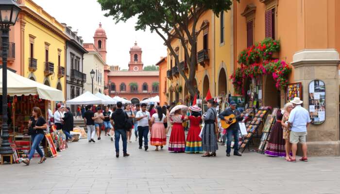 Vibrant street scene in San Miguel de Allende Plaza during a cultural festival, showcasing colorful DÃa de los Muertos altars, local artists, musicians, and people in traditional attire amidst colonial architecture.