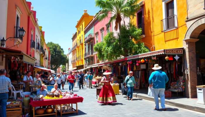 A vibrant street scene in San Miguel de Allende featuring colorful colonial architecture, bustling artisan markets, and lively street performers under a bright blue sky.