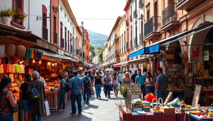 Vibrant artisan market in San Miguel de Allende featuring colorful stalls, local crafts, street performers, and a lively crowd enjoying music and food amidst historic architecture.