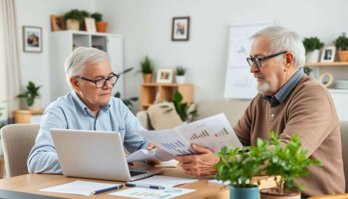 Elderly couple analyzing financial documents and charts on a laptop in a cozy living room, symbolizing secure retirement planning.