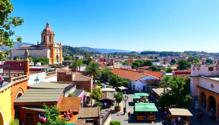 A scenic view of San Miguel de Allende showcasing its colorful colonial buildings, cobblestone streets, and lively markets under a clear blue sky and surrounded by greenery.