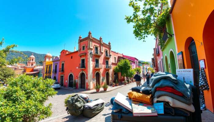 Scenic view of San Miguel de Allende with colorful colonial buildings and a person packing a suitcase surrounded by clothing layers, a travel guide, and a Spanish phrasebook under a bright blue sky.