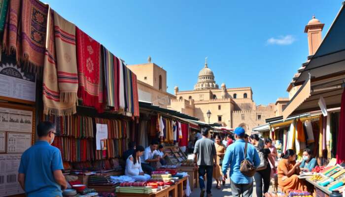 A lively market filled with local artisans displaying traditional crafts and colorful textiles, with people participating in cultural activities against a backdrop of historic architecture under a clear blue sky.