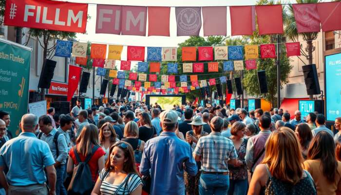 A lively film festival scene featuring filmmakers and actors interacting under colorful banners, with enthusiastic audiences enjoying outdoor screenings and engaging in discussions about creativity and artistic expression.