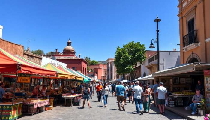 A lively food festival in San Miguel de Allende featuring colorful stalls, local cuisine being prepared, and art exhibitions, set against a backdrop of traditional architecture and a clear blue sky.