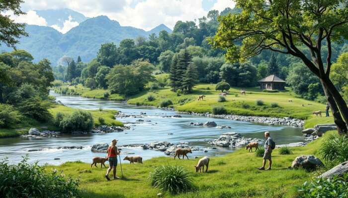 Travelers enjoying eco-friendly activities in a lush landscape with diverse wildlife and a tranquil river, highlighting the principles of eco tourism and environmental stewardship.