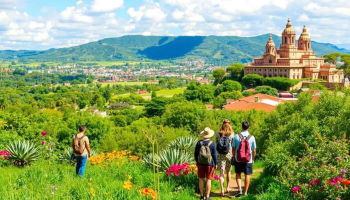 Tourists exploring lush landscapes and diverse wildlife on an eco-tour in San Miguel de Allende, surrounded by colorful flora and traditional architecture.
