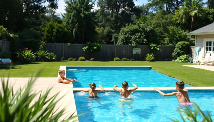 A family enjoying a sunny day by a serene backyard swimming pool, with children splashing water and a couple doing water aerobics, highlighting relaxation and fitness in a lush, warm summer environment.