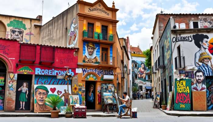 A vibrant street scene in San Miguel de Allende displaying colorful murals on historic buildings, highlighting themes of heritage and social issues, with local artists actively creating art.