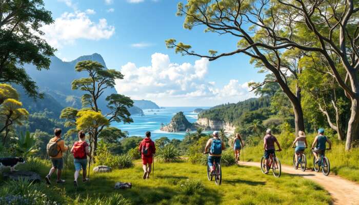 A diverse group of travelers enjoying eco-friendly activities in a vibrant natural landscape, showcasing harmony between humans and the environment.