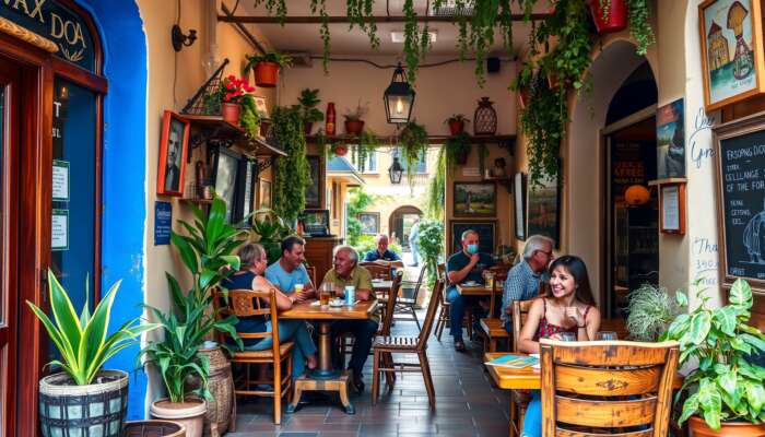 Cozy San Miguel de Allende cafe with eclectic decor, vibrant plants, and rustic furniture, filled with patrons enjoying coffee and laughter, showcasing community and local culture.