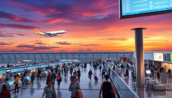 Bustling LAX airport terminal with jetliners taking off at sunset, diverse passengers at check-in, digital flight boards, and cargo crews.
