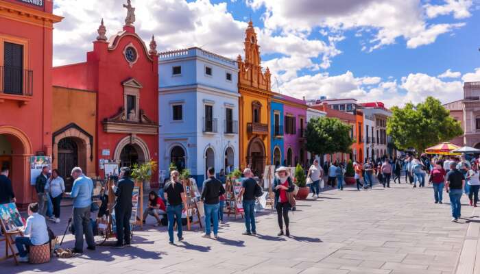 Vibrant street scene in San Miguel de Allende: colorful colonial buildings, street artists painting, locals mingling under a sunny sky.