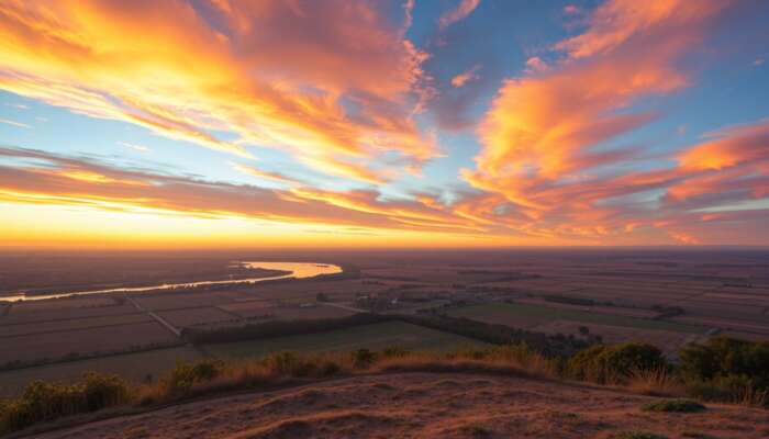 Serene sunrise from a hilltop overlooking tranquil waterfront and open fields, with vibrant orange, pink, and gold skies.