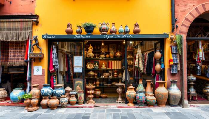 A vibrant San Miguel de Allende boutique blending colorful woven textiles, hand-painted pottery, and sleek international designs on a colonial street.