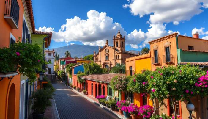 San Miguel de Allende's vibrant colonial architecture, colorful buildings, cobblestone streets, and iconic Parroquia under a blue sky with lush greenery.