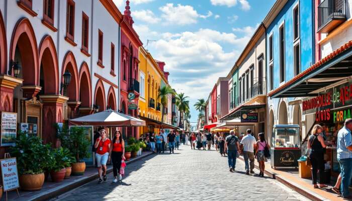 A vibrant street in San Miguel de Allende with colonial buildings, Spanish arches, modern designs, sunlit cobblestones, and colorful facades.