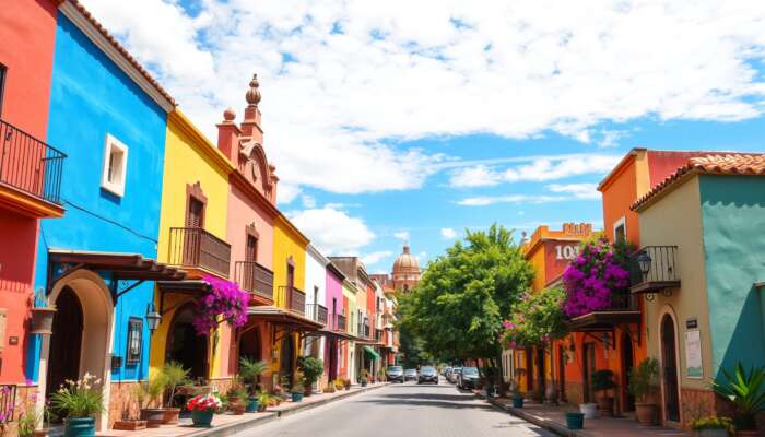 Vibrant street in San Miguel de Allende with colonial hotels, bed-and-breakfasts, and rentals, featuring colorful architecture, blooming flowers, and sunny skies.