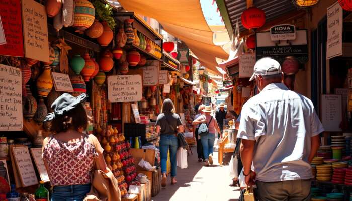 Vibrant market in San Miguel de Allende: Shoppers examine colorful artisanal goods, compare prices on signs, and prioritize quality at sunny stalls.