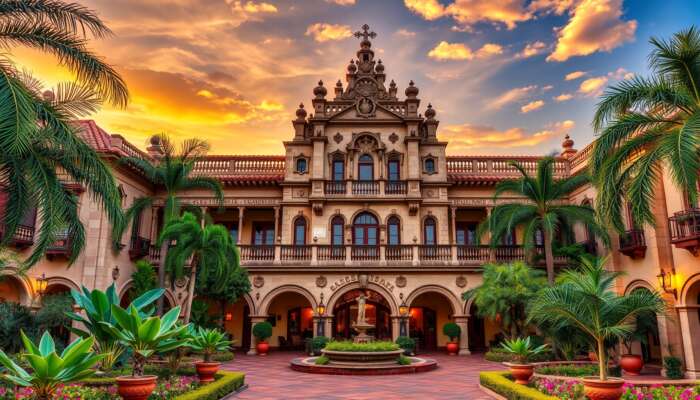 Luxurious hotel in San Miguel de Allende with colonial architecture, ornate stone facades, lush gardens, and vibrant Mexican decor at sunset.
