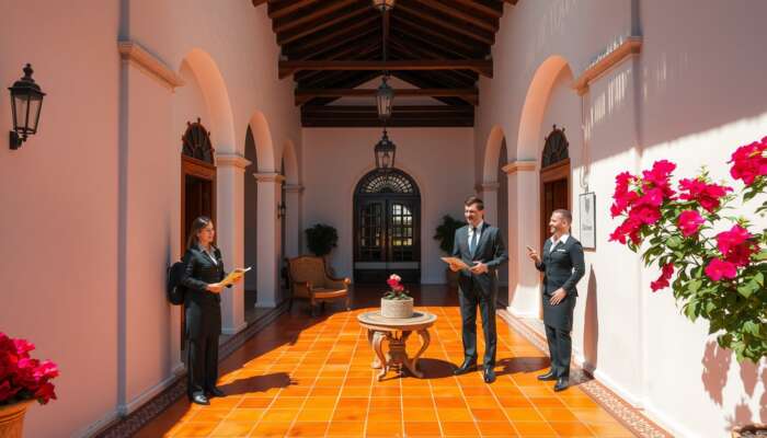 Staff in elegant uniforms greet smiling guests in a sunlit San Miguel de Allende hotel courtyard with maps and vibrant tiles.