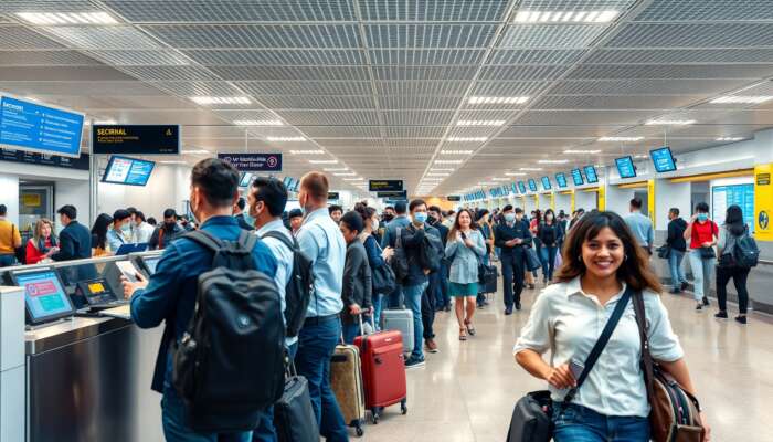 International airport hall with two queues: stern guards checking passports and biometrics for tense travelers, while smiling passengers breeze through security.