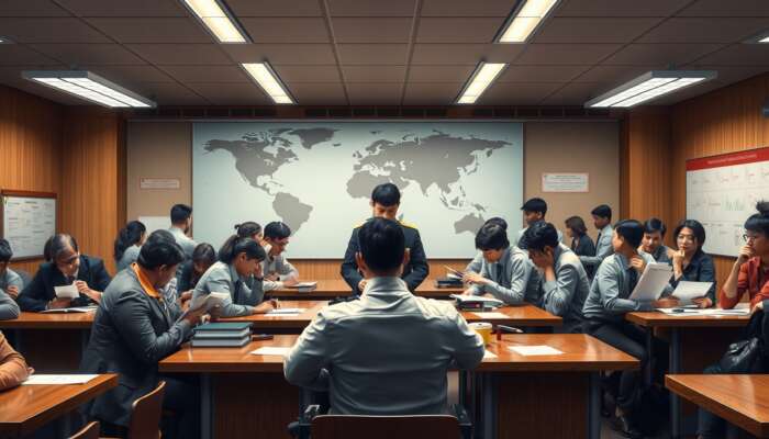 Busy embassy lobby with diverse travelers reviewing visa forms at wooden tables, as an official stamps documents against a world map.