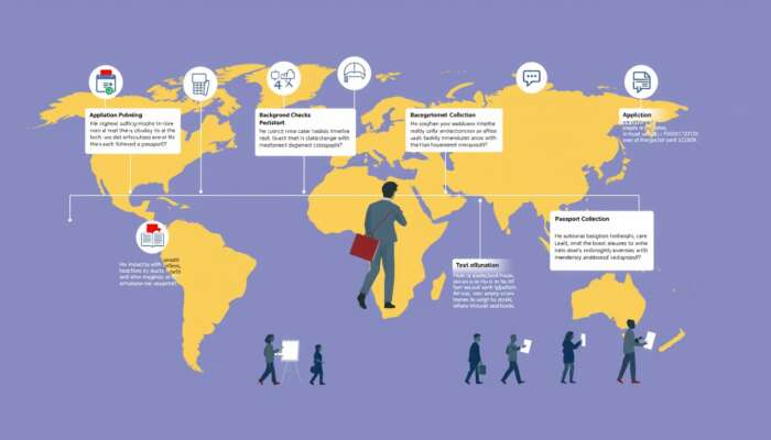 Global traveler navigating visa processing flowchart with icons for submission, checks, notification, and collection on a vibrant world map with anxious figures.