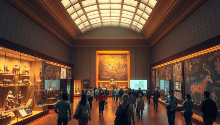 A grand museum hall with golden lights, displaying diverse artifacts, relics, and artworks, as visitors reflect on cultural heritage and interconnectedness.
