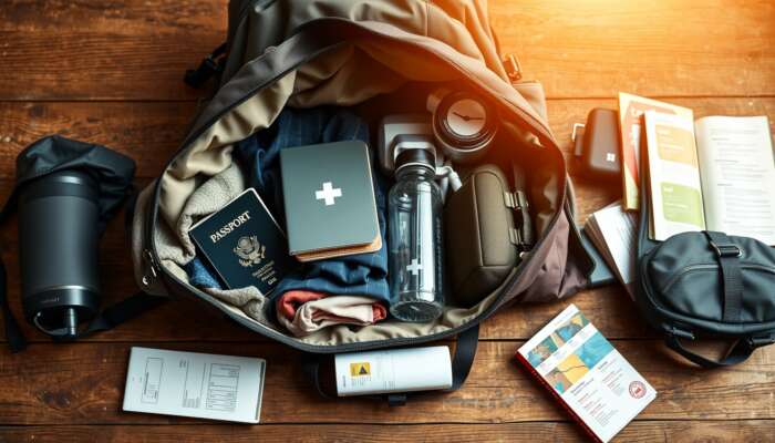 An open backpack on a rustic wooden table, filled with travel essentials like clothing, passports, charger, first-aid kit, water bottle, daypack, toiletries, and guidebooks.