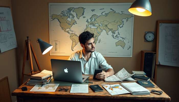 Solo traveler at a rustic wooden desk with maps, laptop, passport, and journals, gazing at a wall map under warm lamplight.