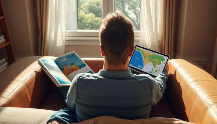Solo traveler in a sunlit room, surrounded by open travel guides and a laptop showing maps of cultural festivals, adventure trails, and serene beaches, planning an enriching journey.