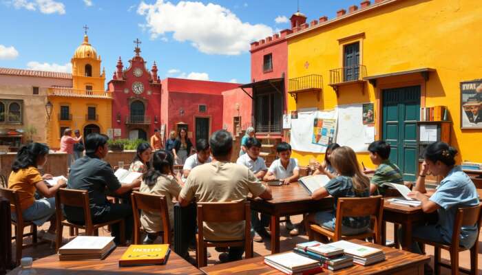 Students in a vibrant San Miguel de Allende classroom practicing Spanish role-play amid colonial architecture and sunny skies.