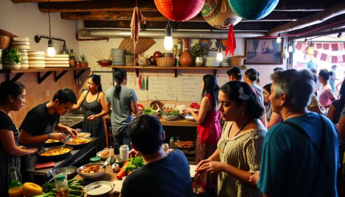 Diverse students in San Miguel de Allende preparing Mexican dishes, dancing in colorful workshops, and joining lively festivals with locals.