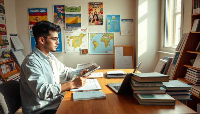 A focused student at a wooden desk reviews Spanish school brochures on a laptop, surrounded by language books, a map of Spain, and certificates in a sunlit room with cultural posters.