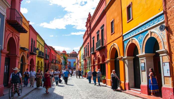 Vibrant San Miguel de Allende street scene: colorful colonial buildings, intricate archways, cobblestone paths, locals in traditional attire under sunny sky.