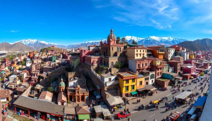 Panoramic view of La Paz, Bolivia, in the Andes: colorful colonial buildings on steep hills, locals adapting to high elevation in bustling markets, with snow-capped peaks.