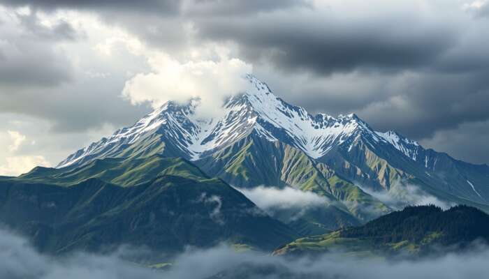 Majestic mountain landscape: sunny valleys at the base, misty mid-slopes with rain clouds, and snow-capped peaks under stormy skies.