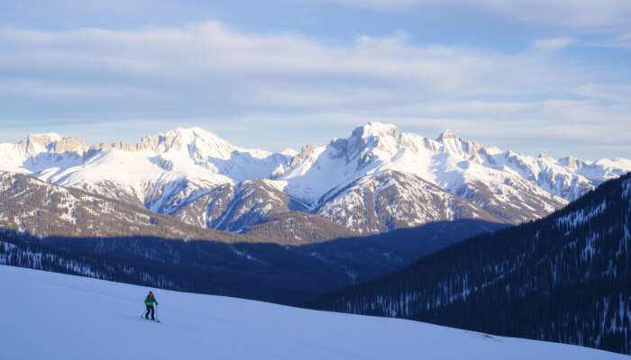 Snow-capped Rocky Mountains with skiers on fresh powder, contrasting blooming valleys below, showing elevation's seasonal impact.