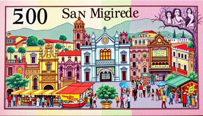 A vibrant banknote from San Miguel de Allende, Mexico, showcasing colonial architecture, markets, folk art, and tourism symbols.