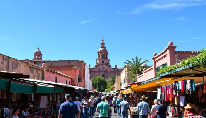 Busy market scene in San Miguel de Allende: colorful colonial buildings, vendors exchanging pesos, Parroquia church spire, sunny blue sky.
