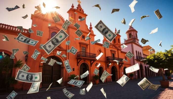 Vibrant San Miguel de Allende scene with colonial architecture in golden sunlight, pesos and dollar bills swirling chaotically to symbolize economic fluctuations.