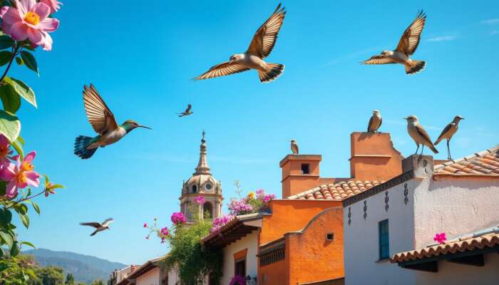 In San Miguel de Allende, hummingbirds hover near flowers, hawks soar in the sky, songbirds perch on rooftops, and migratory birds arrive.